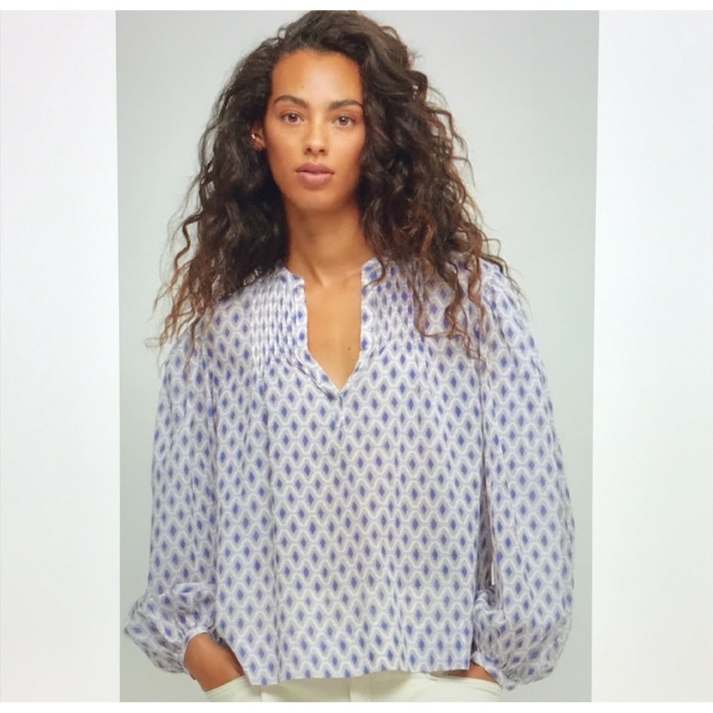 CLOSED  Blue Diamond Geometric Pintuck Pleated Balloon Sleeve Blouse Top XS Ctn